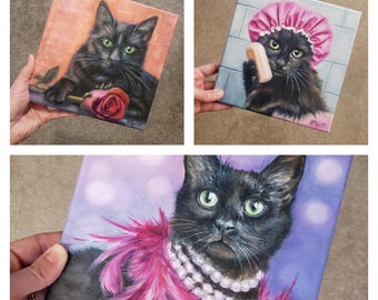 Original Black Cat Oil Paintings Handpainted Small 8x8 inch Art Gift Cat Lovers