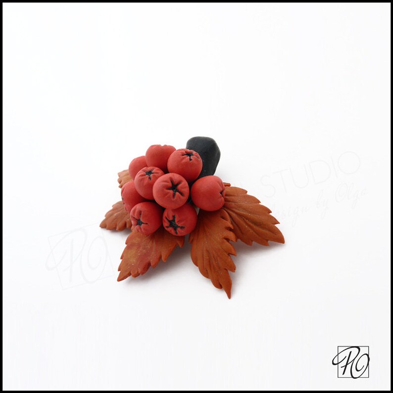Brooch Fall Berries Mountain Ash Orange Black Coat Pin Handmade Polymer Clay image 4