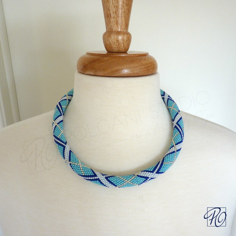 Blue Necklace Bead Crochet Rope Blue White Seed Bead Jewelry Etsy UK