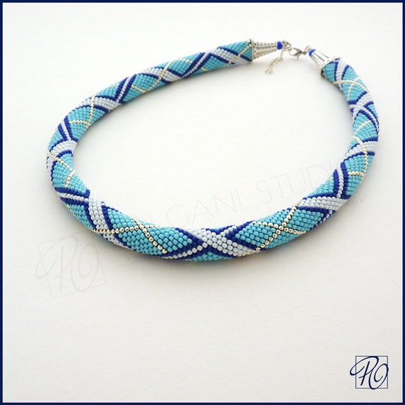 Blue Necklace Bead Crochet Rope Blue White Seed Bead Jewelry Etsy UK