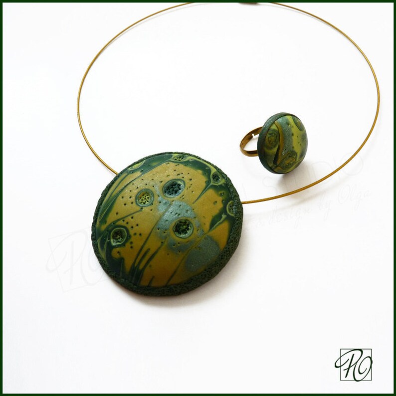 Green Pendant Necklace and Ring Jewelry Polymer Clay , Modern Art Summer, Dark Green Forest,Statement Jewelry. Ready to ship. image 2