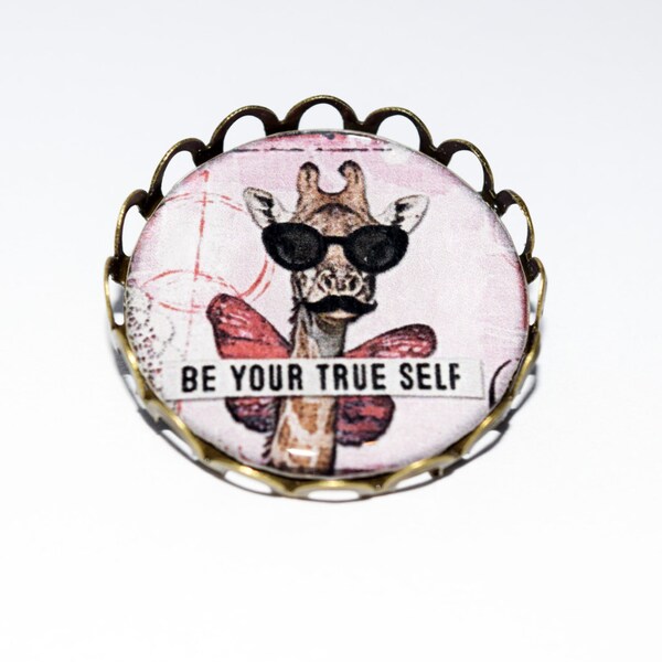Cute 1 Inch Brooch with Hipster Giraffe Design and 'Be Your True Self' Quote
