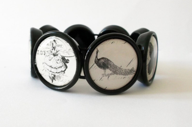 Pretty Vintage Ephemera Black Acrylic Elasticated Bracelet