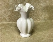 Fenton White Silvercrest Milk Glass Silver Ruffled Vase