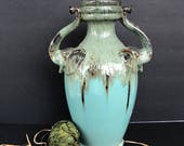 Art Pottery Turquoise Vase Elephant Head Drip Glaze Amphora Vessel Signed