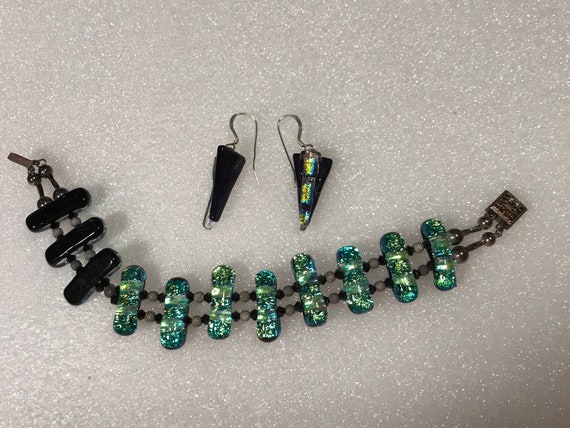 Bracelet & Earrings Blue Green Iridescent - image 7