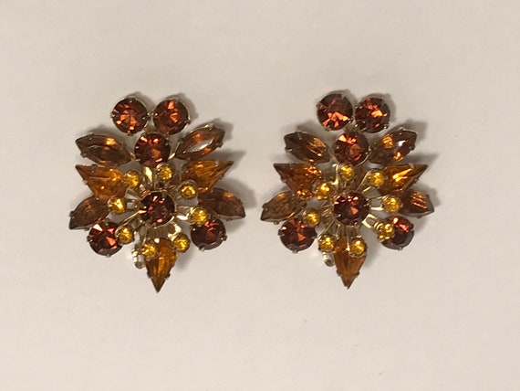 Amber & Yellow Rhinestones Clip Earrings - image 2