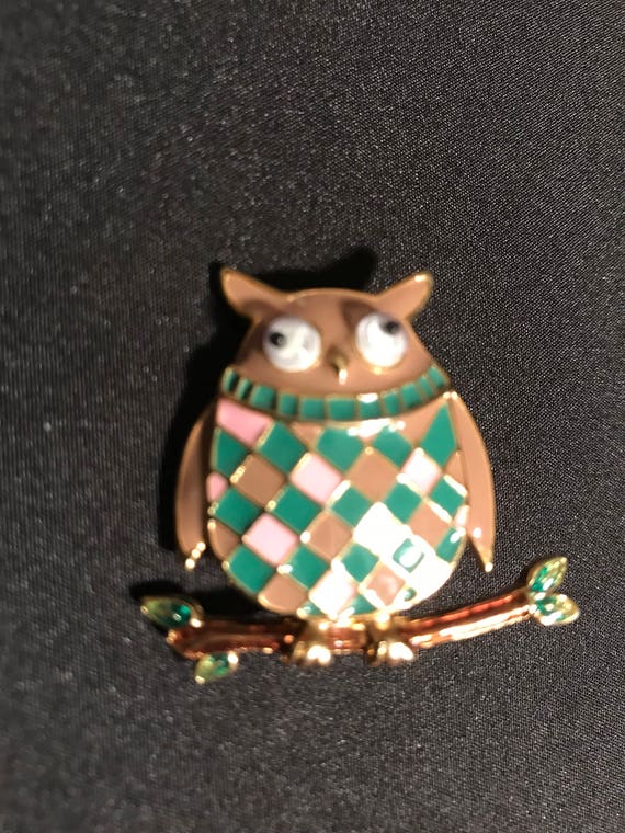 Harlequin Cloissonne Owl Pin Brooch - image 2