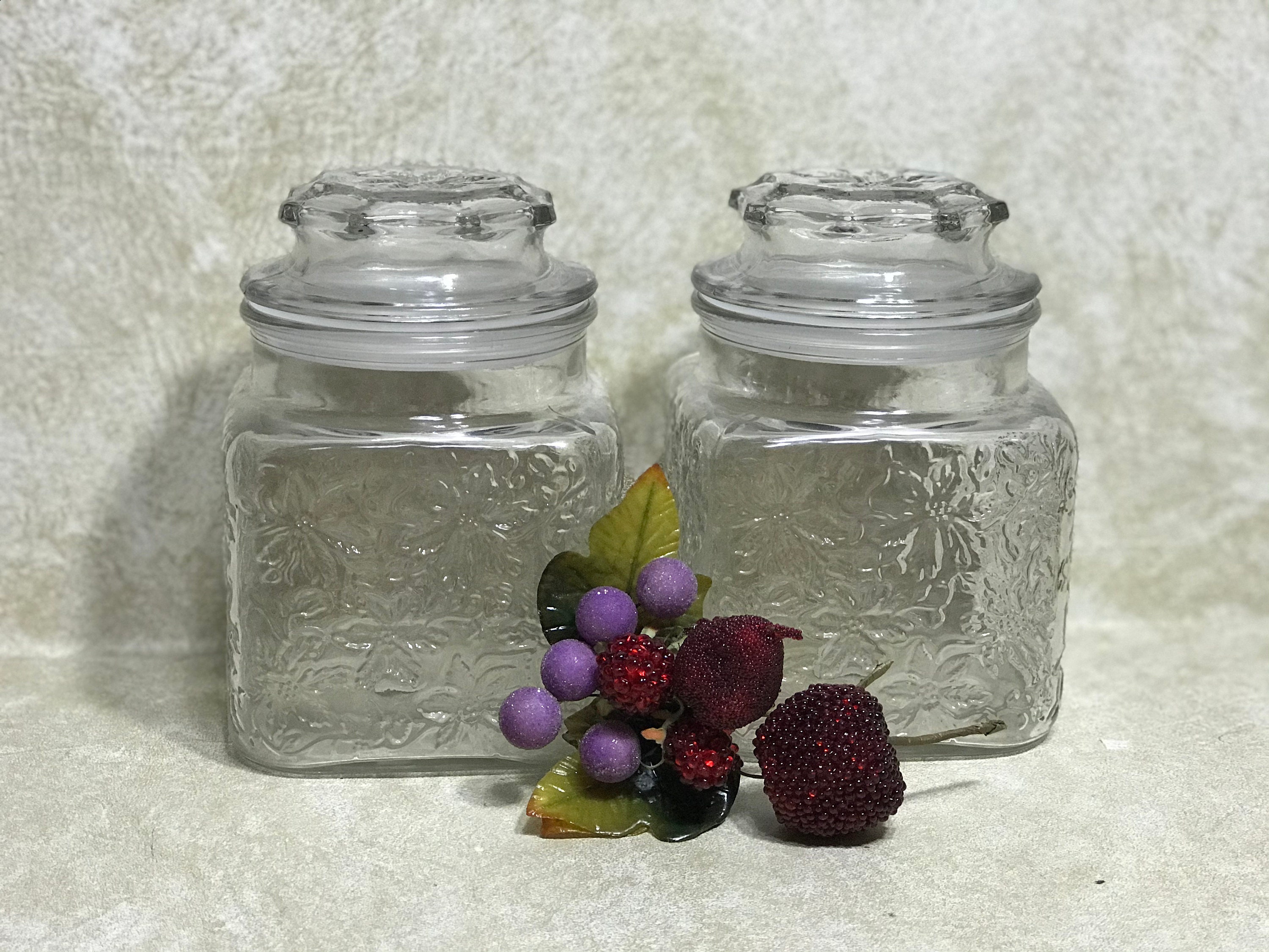 Princess House Fantasia Canisters Clear Glass Floral Storage Containers W/  Lids 3 Sizes Sold Separately Vintage, Ginger Jar Style 