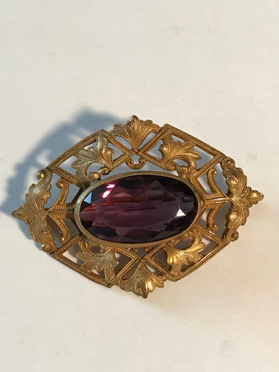 Art Nouveau Victorian Amethyst Glass Gilded  Pin