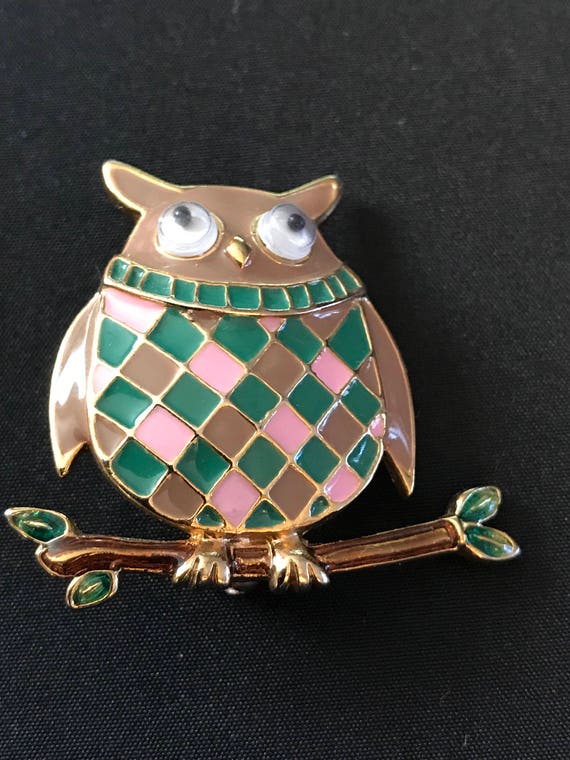 Harlequin Cloissonne Owl Pin Brooch - image 6