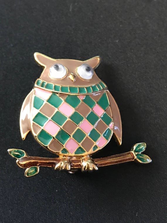 Harlequin Cloissonne Owl Pin Brooch - image 1