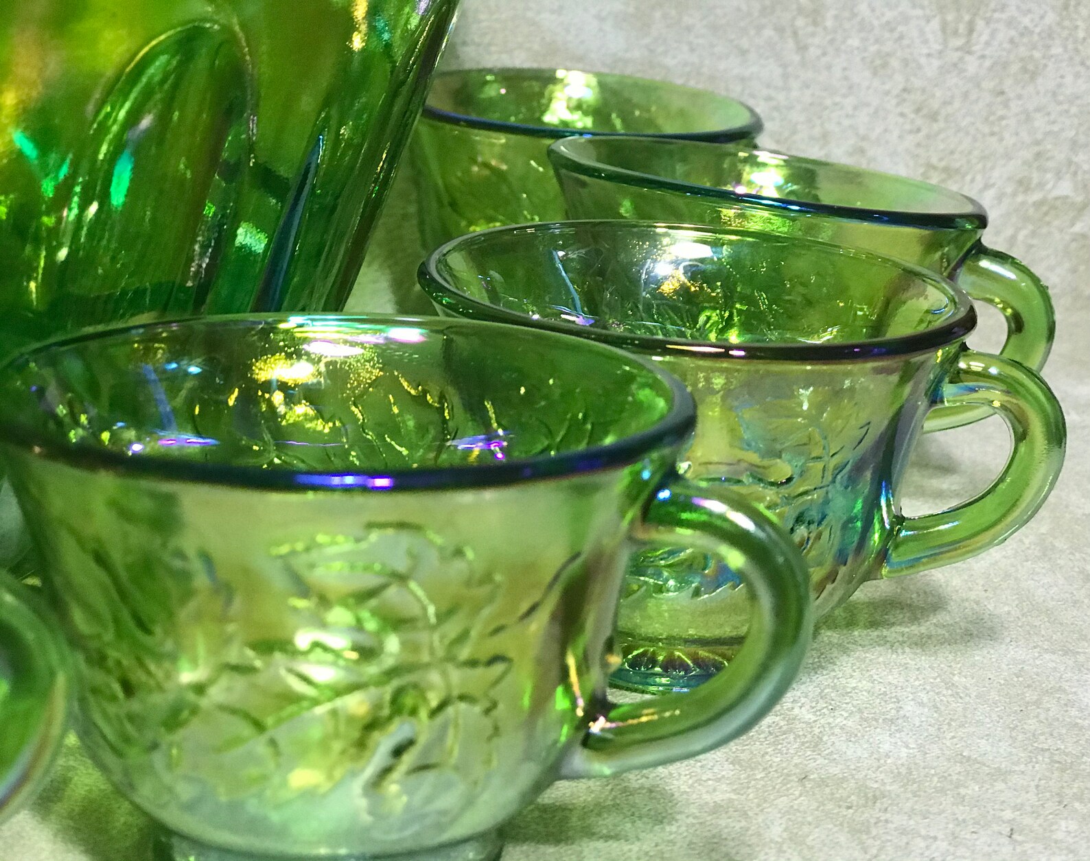 Green Carnival Glass Punch Bowl & Cups Etsy