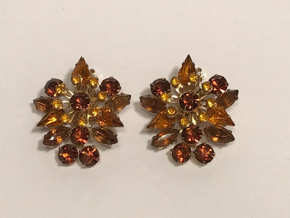 Amber & Yellow Rhinestones Clip Earrings - image 1