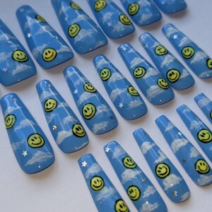 Smiley Cloud Press on Nails, Fake Nails, Coffin Nails