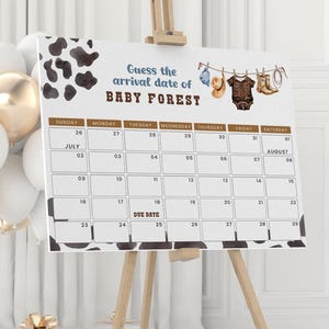 Editable Little Cowboy Baby Shower Due Date Calendar, Digital Baby Wild Western Pregnancy Announcement Calendar, Brown Clothes Decor CD035