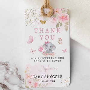 Pink Coquette Elephant Baby Shower Tag, Girl Balloon Favor Tags, Pink Floral Bow Baby Shower Gift Thank You Tags for Guests Canva CD019