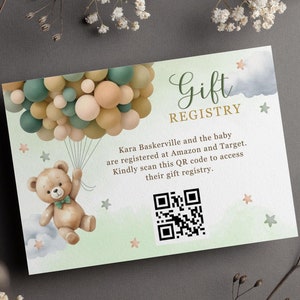 Teddybär-Baby-Geschenk-Registrierkarte, bearbeitbare grünbraune Luftballons QR-Code-Karte, Jungen-Teddybär-Babyparty-Registratur-Geschenkkarte CD006