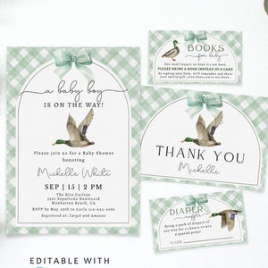 Cute Mallard Duck Baby Shower Invitation Set | Digital Boy Baby Shower Evite | Greenery Duck Invite Set |  Editable in Canva | CD050