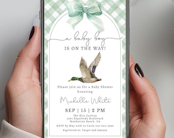 Digital Cute Mallard Duck Evite | Editable Boy Baby Shower Evite | Greenery Duck Invite | Instant Download | CD050 Editable in Canva CD050