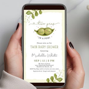 Twin Peas in a Pod Baby Shower Evite | Editable Twin Baby Shower Theme Evite | Cute Green Theme Baby Shower Evite | Editable in Canva CD055