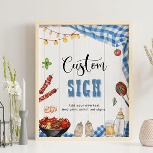 Blue Baby-Q Baby Shower Custom Sign, Boy Baby Q Backyard Couples Baby Sprinkle Custom Text Sign, Backyard Party Custom Table Sign CD049