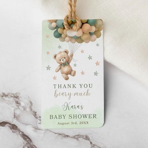Editable Bear Baby Shower Tag, Green Brown Balloons Favor Tags, Boy Teddy Bear Baby Shower Gift Thank You Tags For Guests CD006