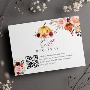 Editable Floral Pumpkin Gift Registry Card, Digital Fall Little Pumpkin QR Code Card, Autumn Burgundy Floral Registry Gift Card CD016