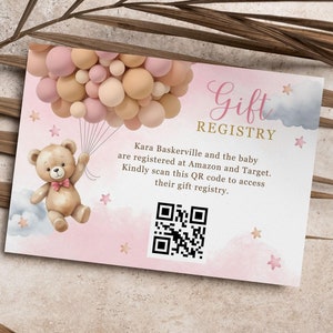 Tarjeta de registro de regalos para bebé con osito de peluche, tarjeta con código QR editable con globos marrones y rosados, tarjeta de regalo para baby shower con osito de peluche para niña CD004