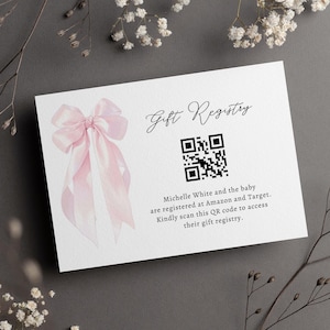 Bearbeitbare Rosa Schleifen-Geschenkregisterkarte, Digitale Elegante Rosa Kokette QR-Code-Karte, Minimalistische Mädchen-Registraturgeschenkkarte, Canva Editable CD012