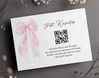 Editable Pink Bow Gift Registry Card, Digital Elegant Pink Coquette QR Code Card, Minimalist Girl Registry Gift Card, Canva Editable CD012