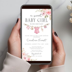 May include: A pink and white baby shower invitation with a floral design. The invitation says "a sweet baby girl is on her way" and includes details about the shower, including the date, time, and location. The invitation is editable with Canva.
