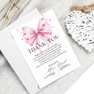 Carte de remerciement modifiable avec noeud rose, note de remerciement coquette rose coeurs numériques, faveur de carte de remerciement fête de la Saint-Valentin chérie fille CD033