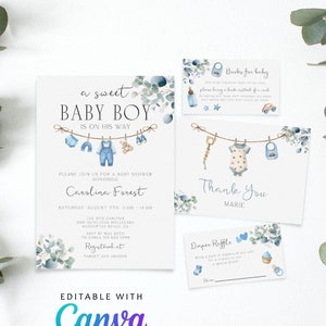 Jungen Kleidung Babyparty Einladung Set, bearbeitbare Boho Boy Babyparty Einladung Bundle, Eukalyptus Baby Wäsche Blaue Kleidung Laden CD010 ein