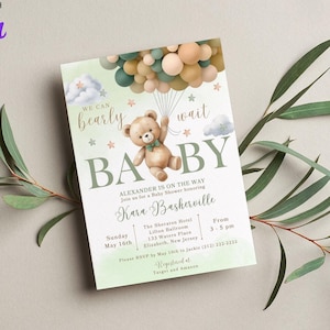 May include: A baby shower invitation with a green, white, and brown color scheme. The invitation features a teddy bear holding balloons and the text "We can barely wait BABY". The invitation also includes the baby's name, Alexander, and the date and time of the shower.