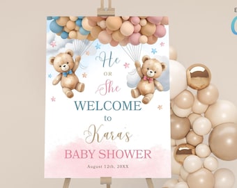Little Teddy Bear Baby Shower Welcome Sign, Editable in Canva, Gender Reveal Baby Shower Poster, Bear Welcome Poster Balloons Decor CD008