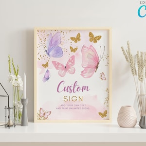 Panneau personnalisé modifiable pour baby shower petit papillon, panneau texte personnalisé papillons roses violets, panneau de Table personnalisé décoration papillon fille CD001