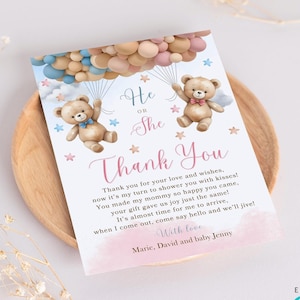 Bearbeitbare Teddybär Dankeskarte, Wir können kaum warten Dankeskarte, Geschlecht offenbaren Ballons Babyparty Dankeskarte Favor CD008
