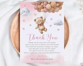 Editable Teddy Bear Thank You Card, Bear Holding Pink and Brown Thank You Note, Girl Balloons Baby Shower Thank You Card Favor CD004