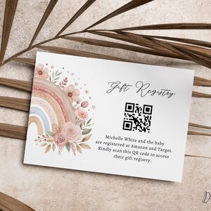Erd-Regenbogen-Geschenk-Karte, Gender Reveal Bunte Regenbogen QR-Code-Karte, Floral Boho Jungen oder Mädchen-Babyparty-Registratur-Geschenkkarte CD024