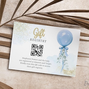 Oh Boy Baby-Geschenk-Registry-Karte, bearbeitbare blaue Ballon QR-Code-Karte, Eukalyptus Aquarell Boho Boy-Babyparty-Registry Geschenkkarte CD021