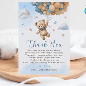 Carte de remerciement modifiable ours en peluche, ours tenant un mot de remerciement bleu et marron, cadeau de carte de remerciement pour shower de bébé garçon ballons CD003