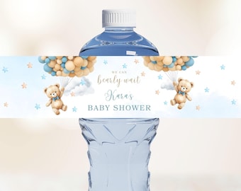 Editable Bear Label Baby Shower, Blue Brown Balloons Water Label, Boy Teddy Bear Balloons Shower Decor Drink Bottle Label CD003
