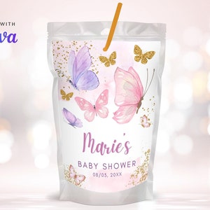 May include: A pink and purple butterfly-themed juice pouch with gold glitter accents. The pouch has the text "Marie's Baby Shower 08/03, 20XX" printed on it.