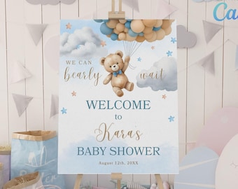 Kleiner Teddybär-Babyparty-Willkommensschild, bearbeitbar in Canva, Blau Braune Luftballons Babyparty, Junge Bär Willkommen Poster Luftballons Dekor CD003