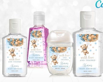 Teddy Bear Hand Sanitizer Label Template, We Can Bearly Wait Baby Shower Blue Balloons Decor, Boy Brown Bear, Editable in Canva CD003