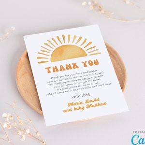 Tarjeta de agradecimiento Un pequeño rayo de sol, nota de agradecimiento con revelación de género del bebé, tarjeta de agradecimiento con diseño de rayo de sol estilo bohemio para baby shower de niño y niña CD027
