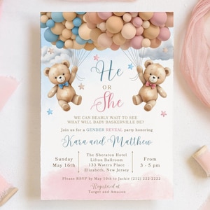 He or She Bear Baby Shower Invite, We Can Bearly Wait Invitation, Teddy Bear Invite, Editable Canva, Gender Reveal Bear Baby Shower CD008