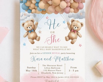 He or She Bear Baby Shower Invite, We Can Bearly Wait Invitation, Teddy Bear Invite, Editable Canva, Gender Reveal Bear Baby Shower CD008