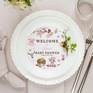 Plato de base editable para baby shower de rodeo / Decoración de mesa para baby shower del lejano oeste / Plato digital para fiesta vaquera / Decoración rústica de mesa CD038